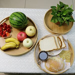 Bamboo Wood Natural Round Serving Tray, Raised Edge, Food Tray, Cut-Out Handles (40*40*5cm)