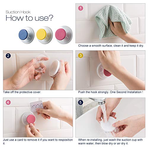 Suction Cup Hooks Pack of 6 Reusable Suction Cup Hooks for Shower Waterproof Bathroom Towel Hooks Max Hold 11lbs Colorful Shower Suction Hooks for Bathroom/Kitchen/Living Room/College Dorm Room