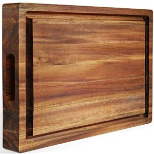 fanichi extra large & thick acacia wood cutting board: 16 x 12 x 1.5 inch reversible multipurpose with juice groove, cracker holder & inner handles.