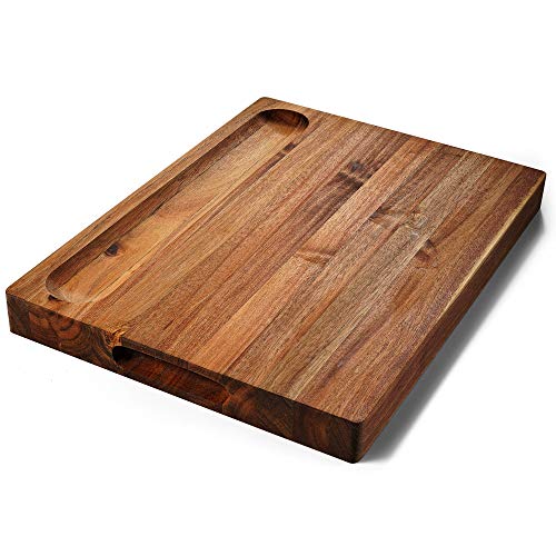 FANICHI Extra Large & Thick Acacia Wood Cutting Board: 16 x 12 x 1.5 Inch Reversible Multipurpose with Juice Groove, Cracker Holder & Inner Handles.