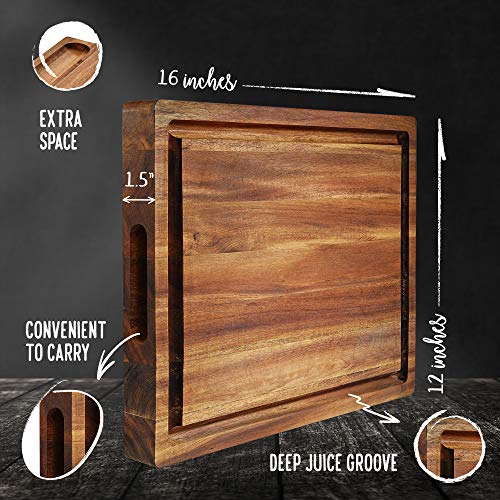 FANICHI Extra Large & Thick Acacia Wood Cutting Board: 16 x 12 x 1.5 Inch Reversible Multipurpose with Juice Groove, Cracker Holder & Inner Handles.