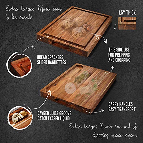 FANICHI Extra Large & Thick Acacia Wood Cutting Board: 16 x 12 x 1.5 Inch Reversible Multipurpose with Juice Groove, Cracker Holder & Inner Handles.