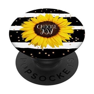 choose joy sunflower black and white stripes and polka dots popsockets popgrip: swappable grip for phones & tablets