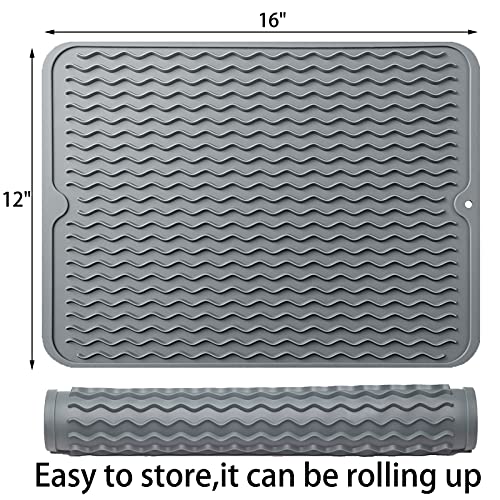 LIMNUO Silicone Dish Drying Mat Easy Clean Dishwasher,Non-Slip (M(16"×12"), Gray)