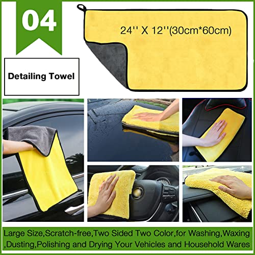 GreatCool 4Pcs Car Wash Brush Kit,Car Wash Mop Mitt with 44.5" Aluminum Long Handle,Car Wash Brush for Wheel Pedal and Floor Mat,Detailing Brush,Car Detailing Towel for Washing Automotive Truck RV