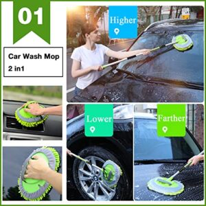 GreatCool 4Pcs Car Wash Brush Kit,Car Wash Mop Mitt with 44.5" Aluminum Long Handle,Car Wash Brush for Wheel Pedal and Floor Mat,Detailing Brush,Car Detailing Towel for Washing Automotive Truck RV