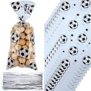 100 pcs soccer treat bags gift bags, soccer party favors bag heat sealable treat candy bags soccer cellophane bag with 100 pcs silver twist ties (clear)