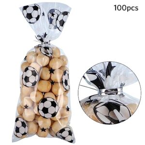 100 Pcs Soccer Treat Bags Gift Bags, Soccer Party Favors Bag Heat Sealable Treat Candy Bags Soccer Cellophane Bag with 100 Pcs Silver Twist Ties (Clear)