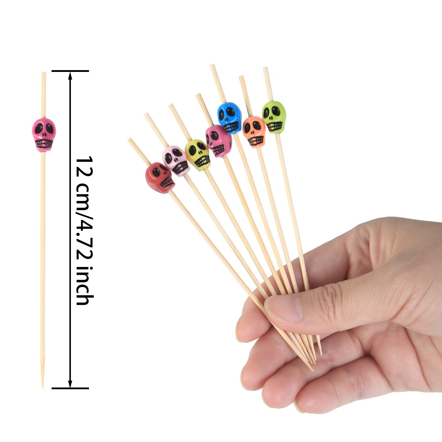200 Pieces Skull Picks Skull Toothpicks Cocktail Picks for Drinks 4.7 Inch Skewers Stick Fancy Sandwich Appetizer Bamboo Skewers for Halloween Birthday Party Decorations (Rainbow Color)