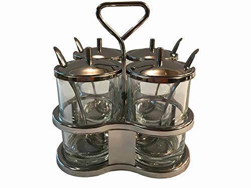 Condiment Holder, Condiment Tray, 4 Condiment Jar and 4 Small Spoons for Condiments. A Quality Condiment Server, Topping Dispenser, Seasoning Box for Table. Asian Dinnerware Style Condiment Set