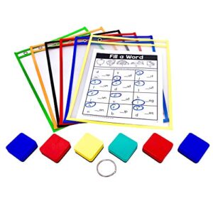 pdx reading specialist dry erase pocket sleeves - 6 assorted colors - oversized plastic sheet protectors - bonus 6 magnetic whiteboard erasers, 1 book ring - great for teachers, school, home & office