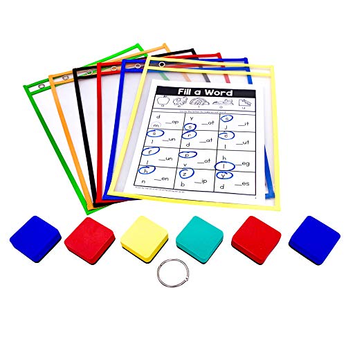 PDX Reading Specialist Dry Erase Pocket Sleeves - 6 Assorted Colors - Oversized Plastic Sheet Protectors - Bonus 6 Magnetic Whiteboard Erasers, 1 Book Ring - Great for Teachers, School, Home & Office