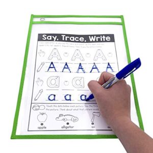 PDX Reading Specialist Dry Erase Pocket Sleeves - 6 Assorted Colors - Oversized Plastic Sheet Protectors - Bonus 6 Magnetic Whiteboard Erasers, 1 Book Ring - Great for Teachers, School, Home & Office