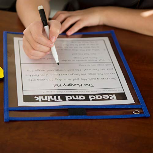 PDX Reading Specialist Dry Erase Pocket Sleeves - 6 Assorted Colors - Oversized Plastic Sheet Protectors - Bonus 6 Magnetic Whiteboard Erasers, 1 Book Ring - Great for Teachers, School, Home & Office