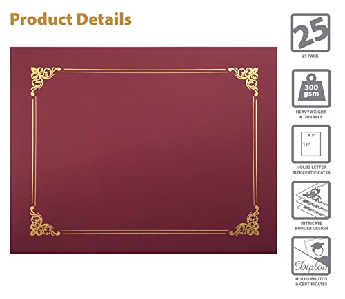 25 Pack Red Certificate Holders, Diploma Holders, Document Covers with Gold Foil Border, by Better Office Products, for Letter Size Paper, 25 Count, Crimson Red