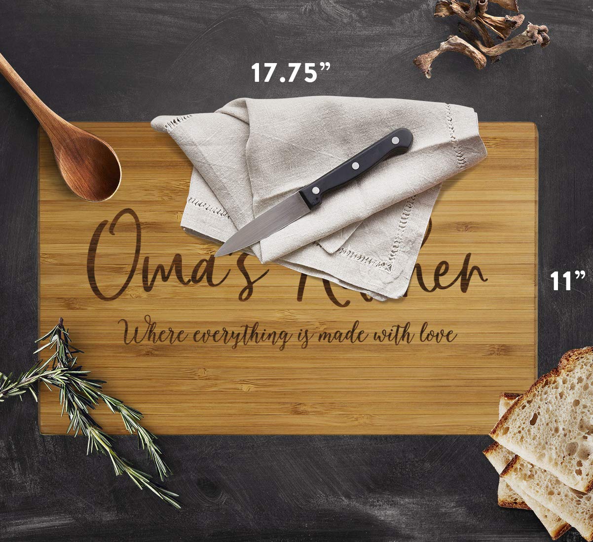 Andaz Press Large Bamboo Wood Cutting Board Gift, 17.75 x 11-inch, Oma's Kitchen Where Everything is Made With Love, 1-Pack, Engraved Serving Chopping Board Christmas Birthday Chef Kitchen Ideas