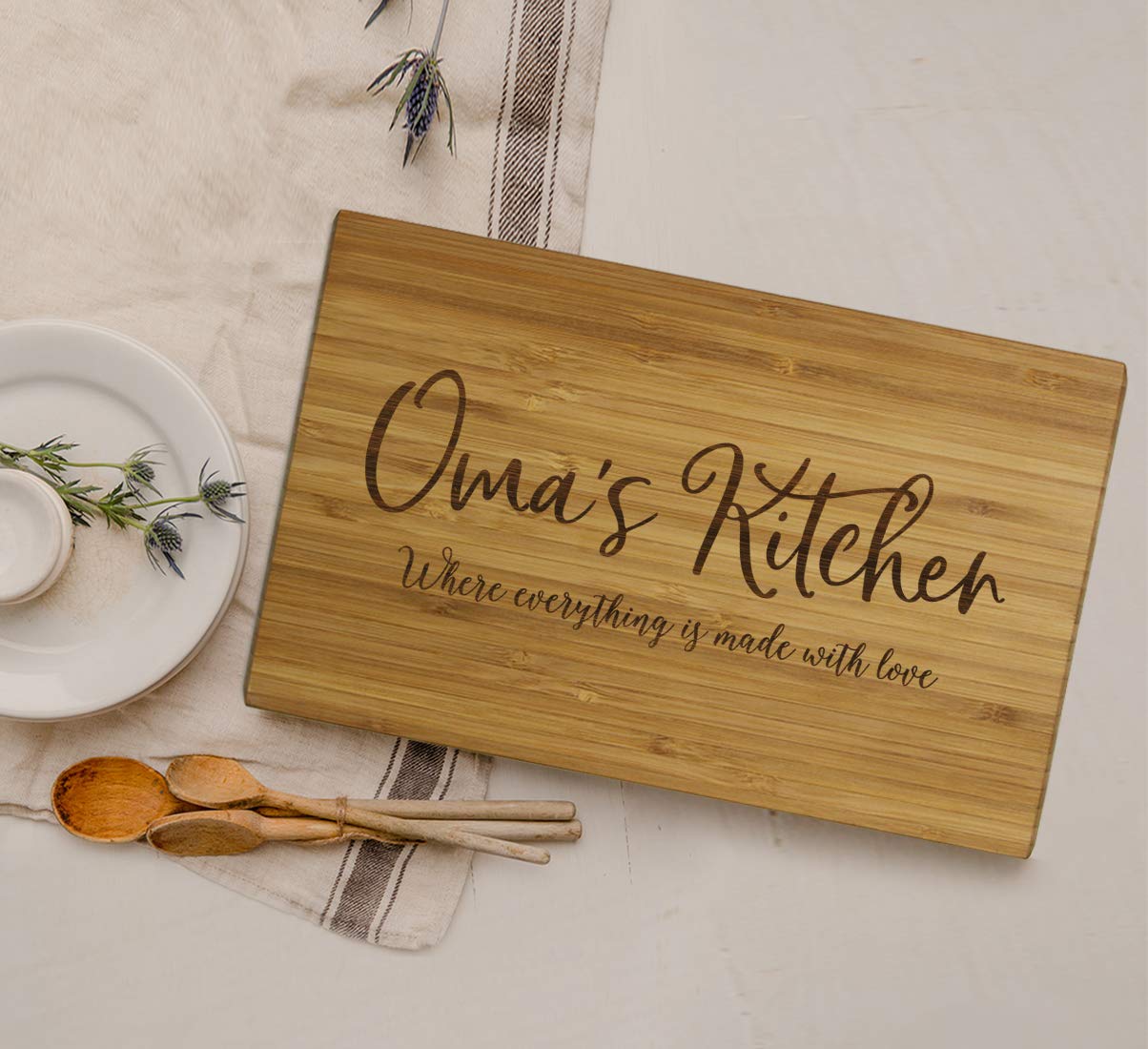 Andaz Press Large Bamboo Wood Cutting Board Gift, 17.75 x 11-inch, Oma's Kitchen Where Everything is Made With Love, 1-Pack, Engraved Serving Chopping Board Christmas Birthday Chef Kitchen Ideas