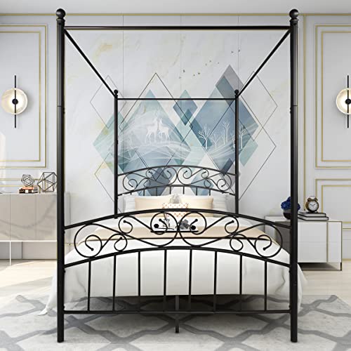 JURMERRY Metal Canopy Bed Frame Four-Poster Bed with Headboard & Footboard Mattress Foundation Sturdy Slatted Structure No Box Spring Needed Easy Assembly,Full Black
