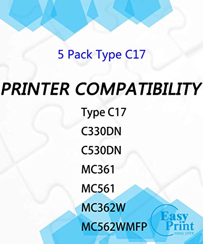 (5-Pack, 2X BK+C+M+Y) Compatible OKI C330 Type C17 Toner Cartridge Used for Okidata 44469801 Black 44469703 Cyan 44469701 Yellow 44469702 Magenta C310dn C330 C530 C531d MC562 Printer, by EasyPrint