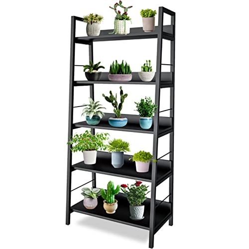 Himimi Ladder Bookshelf Black,Tall Bookcase and Book Shelf 5 Tier Shelves, Industrial Modern Wood Display Shelf Book Case with Metal Frame,Storage Rack Home Office Furniture for Living Room,Bedroom