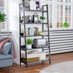 Himimi Ladder Bookshelf Black,Tall Bookcase and Book Shelf 5 Tier Shelves, Industrial Modern Wood Display Shelf Book Case with Metal Frame,Storage Rack Home Office Furniture for Living Room,Bedroom