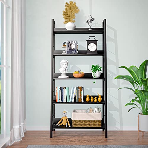 Himimi Ladder Bookshelf Black,Tall Bookcase and Book Shelf 5 Tier Shelves, Industrial Modern Wood Display Shelf Book Case with Metal Frame,Storage Rack Home Office Furniture for Living Room,Bedroom