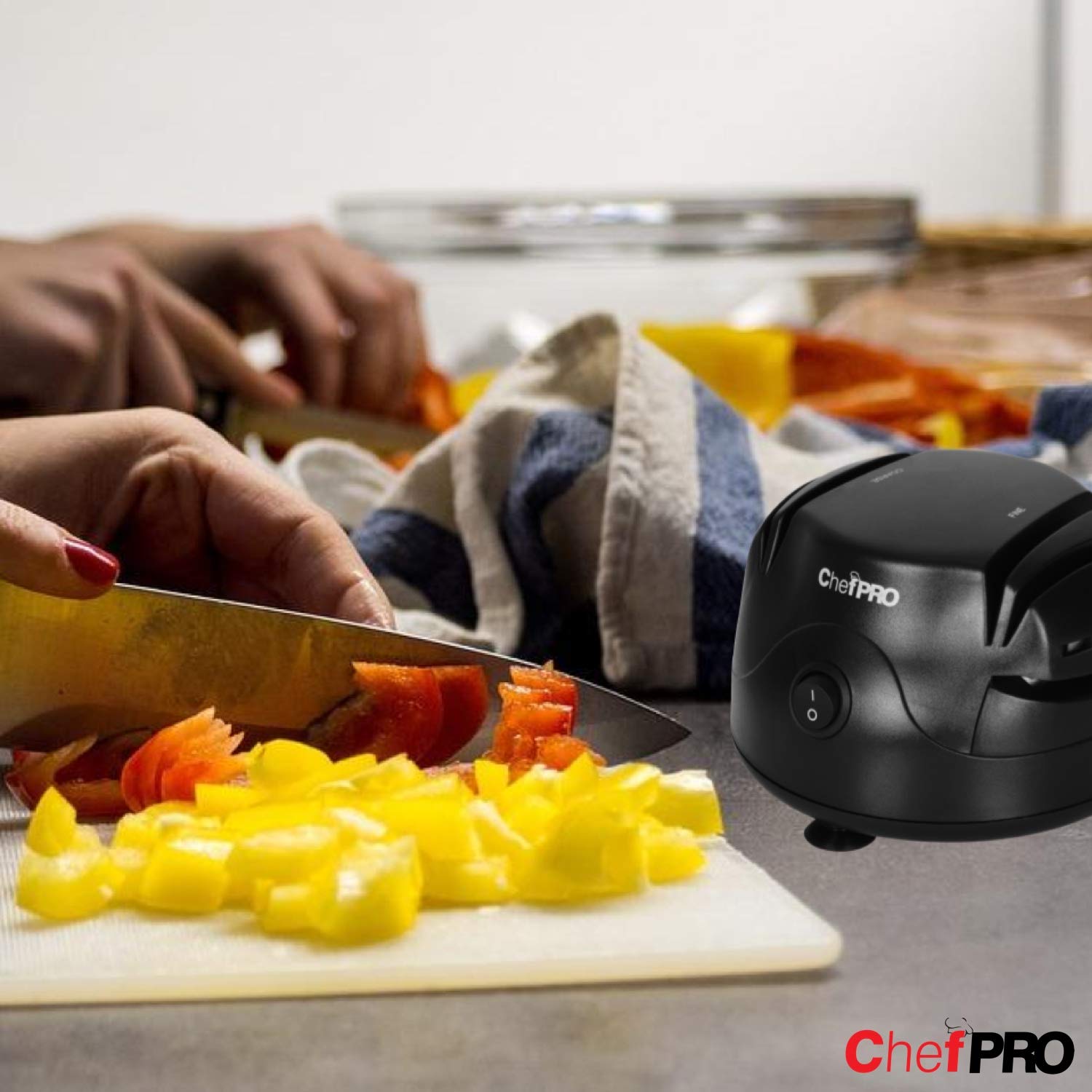 3-In-1 ELECTRIC KNIFE SHARPENER SYSTEM by ChefPRO, Great for Kitchen and Sport Knives, Scissors, Screwdrivers, 2-Stage Sharpening System Appliance, Compact Quick, Easy Design, Retractable Cord, Black