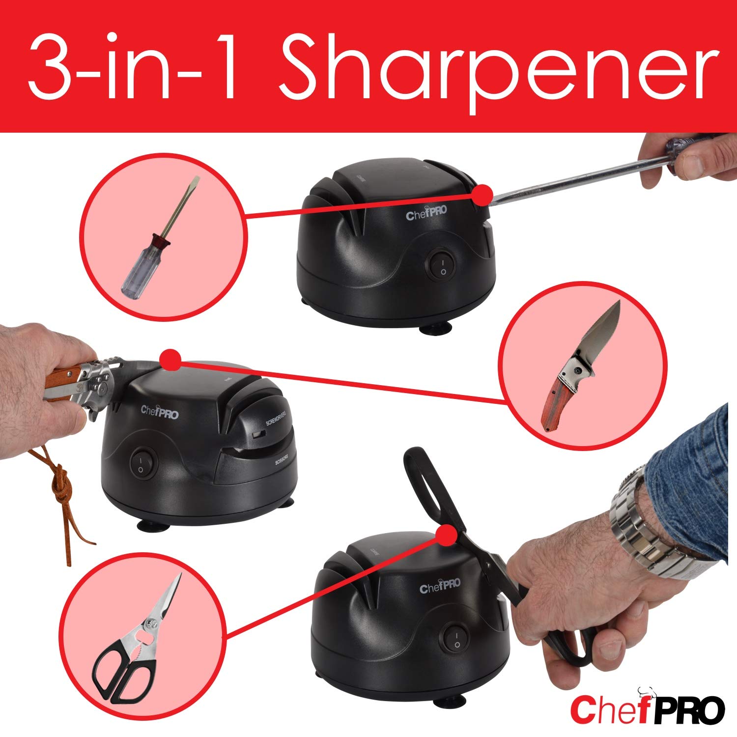 3-In-1 ELECTRIC KNIFE SHARPENER SYSTEM by ChefPRO, Great for Kitchen and Sport Knives, Scissors, Screwdrivers, 2-Stage Sharpening System Appliance, Compact Quick, Easy Design, Retractable Cord, Black