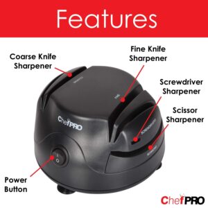 3-In-1 ELECTRIC KNIFE SHARPENER SYSTEM by ChefPRO, Great for Kitchen and Sport Knives, Scissors, Screwdrivers, 2-Stage Sharpening System Appliance, Compact Quick, Easy Design, Retractable Cord, Black