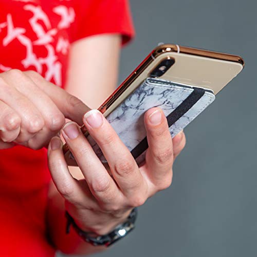 Cell Phone Card Holder Stick on Wallet Phone Pocket for iPhone, Android and All Smartphones with Strap (White Marble Belt)