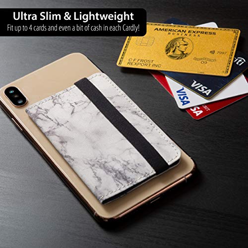 Cell Phone Card Holder Stick on Wallet Phone Pocket for iPhone, Android and All Smartphones with Strap (White Marble Belt)