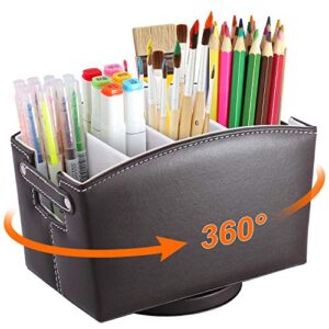 leather art supply desk organizer, rotating pencil holder organizer, desktop storage caddy for pen, colored pencil, crayon, paint brushes, 360 degree spinning works for classroom, art studio, office