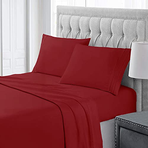 Comfii Home Ultra-Soft Cool Dry Microfiber 4-Piece 1800 Hotel Bedsheets - Deep Pocket 14in - Wrinkle & Fade Free - Hypoallergenic, Embroidery Design (Burgundy, Queen)