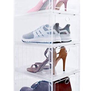 Drop Front Shoe Box, Set of 4, Stackable, for Men and Women - Clear, Plastic Shoes Storage Boxes for Sneaker, Heel, Sandal - space-saving closet organizer Shoe Container for shoe box organization