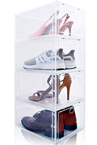 Drop Front Shoe Box, Set of 4, Stackable, for Men and Women - Clear, Plastic Shoes Storage Boxes for Sneaker, Heel, Sandal - space-saving closet organizer Shoe Container for shoe box organization