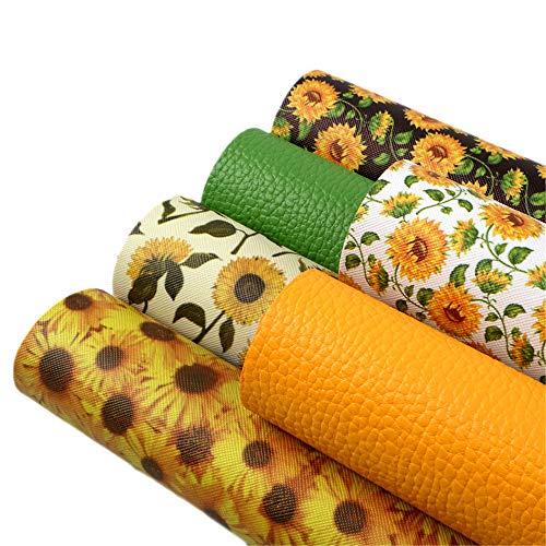 David Angie Sunflowers Printed Faux Leather Sheet PU Grain Textured Synthetic Leather Sheet Assorted 6 Pcs 7.7" x 12.9" (20 cm x 33 cm) for Earrings Headbands Making (Sunflower)