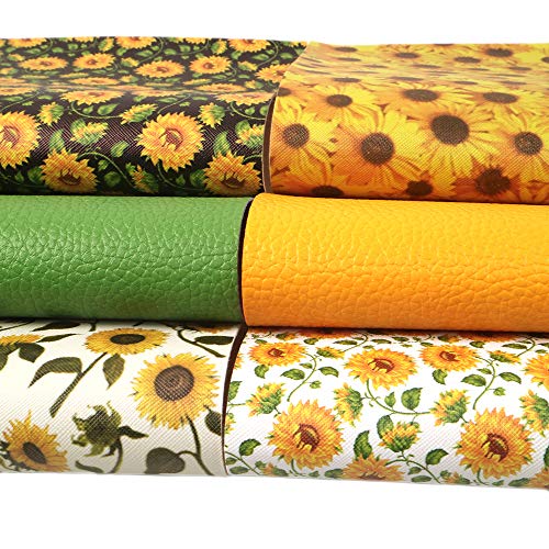 David Angie Sunflowers Printed Faux Leather Sheet PU Grain Textured Synthetic Leather Sheet Assorted 6 Pcs 7.7" x 12.9" (20 cm x 33 cm) for Earrings Headbands Making (Sunflower)