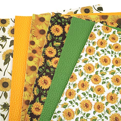 David Angie Sunflowers Printed Faux Leather Sheet PU Grain Textured Synthetic Leather Sheet Assorted 6 Pcs 7.7" x 12.9" (20 cm x 33 cm) for Earrings Headbands Making (Sunflower)