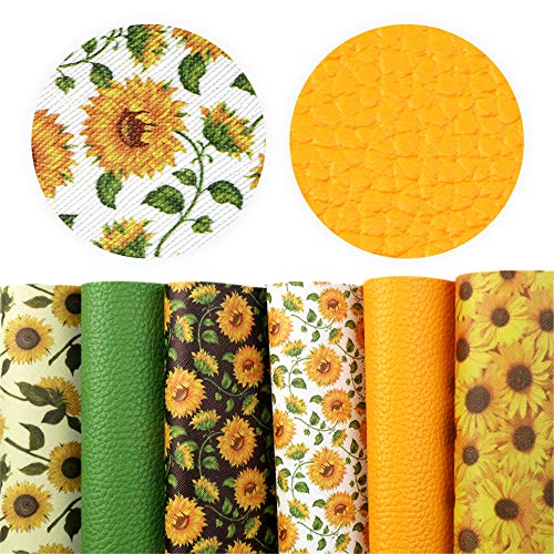 David Angie Sunflowers Printed Faux Leather Sheet PU Grain Textured Synthetic Leather Sheet Assorted 6 Pcs 7.7" x 12.9" (20 cm x 33 cm) for Earrings Headbands Making (Sunflower)