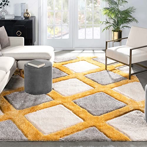 Well Woven Parker Yellow Geometric Boxes Thick Soft Plush 3D Textured Shag Area Rug 4x6 (3'11" x 5'3")