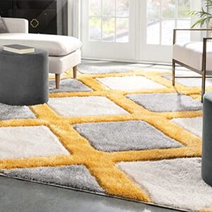 Well Woven Parker Yellow Geometric Boxes Thick Soft Plush 3D Textured Shag Area Rug 4x6 (3'11" x 5'3")