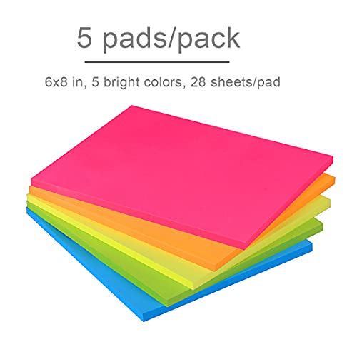 Sticky Notes 6x8 in Bright Stickies Colorful Super Sticking Power Memo Pads Strong Adhesive 5 Pads/Pack 28 Sheets/pad…