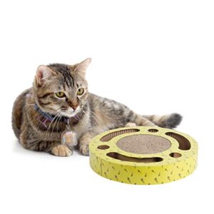 PAWISE Cat Scratcher Corrugated Cardboard Reversible Kitty Scratching Pad Lounge 3-in-1 Interactive Toy Busy Box Toy with Catnip (Round + Balls, 13 x 13inches)