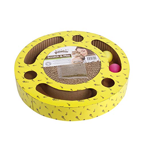 PAWISE Cat Scratcher Corrugated Cardboard Reversible Kitty Scratching Pad Lounge 3-in-1 Interactive Toy Busy Box Toy with Catnip (Round + Balls, 13 x 13inches)