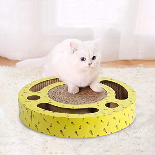 PAWISE Cat Scratcher Corrugated Cardboard Reversible Kitty Scratching Pad Lounge 3-in-1 Interactive Toy Busy Box Toy with Catnip (Round + Balls, 13 x 13inches)