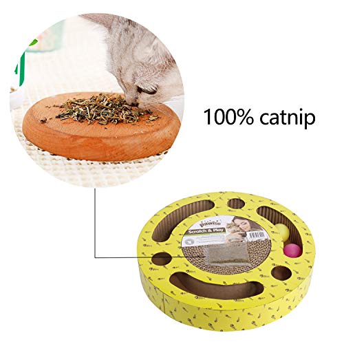 PAWISE Cat Scratcher Corrugated Cardboard Reversible Kitty Scratching Pad Lounge 3-in-1 Interactive Toy Busy Box Toy with Catnip (Round + Balls, 13 x 13inches)