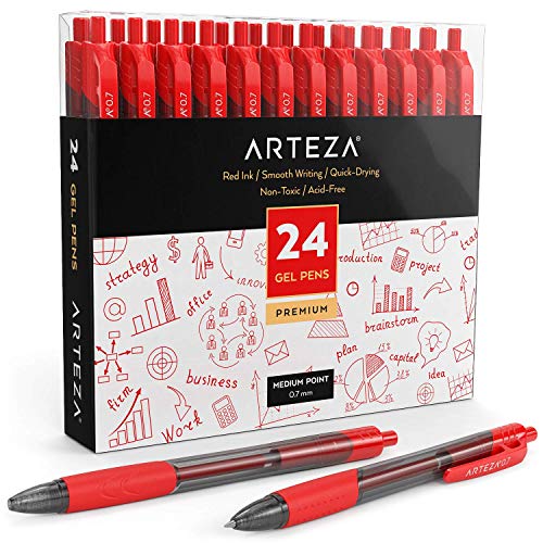 ARTEZA Red Gel Pens, Pack of 24, 0.7mm Medium Point, Quick Drying Ink for Smooth Writing, Perfect for College School Supplies, Office Tasks, and Note Taking