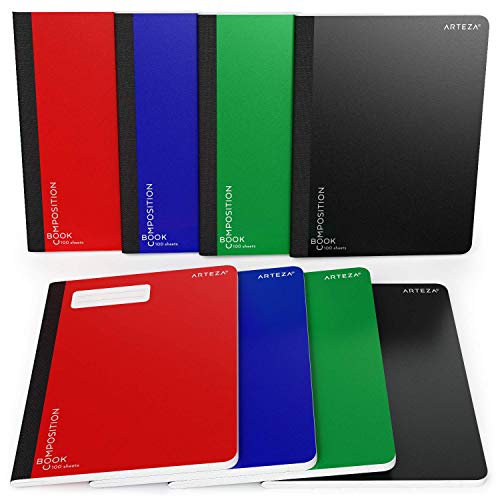 Arteza Composition Books, Wide Ruled, 100 Sheets, Pack of 8 in 4 Colors, 9.75x7.5-inch, Double Sided for Students, College Classes, Schoolwork, Studying, and Notes