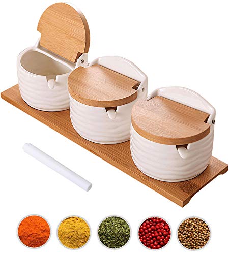 Lawei 3 pack Ceramic Sugar Bowls Set - 9 oz Porcelain Condiment Jar Spice Container with Spoons and Lids for Home and Kitchen