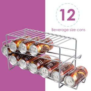 Home Basics Steel Can Dispenser, (Silver) 12 Can Soda Organizer For Refrigerator And Pantry | 2 Tier Can Holder